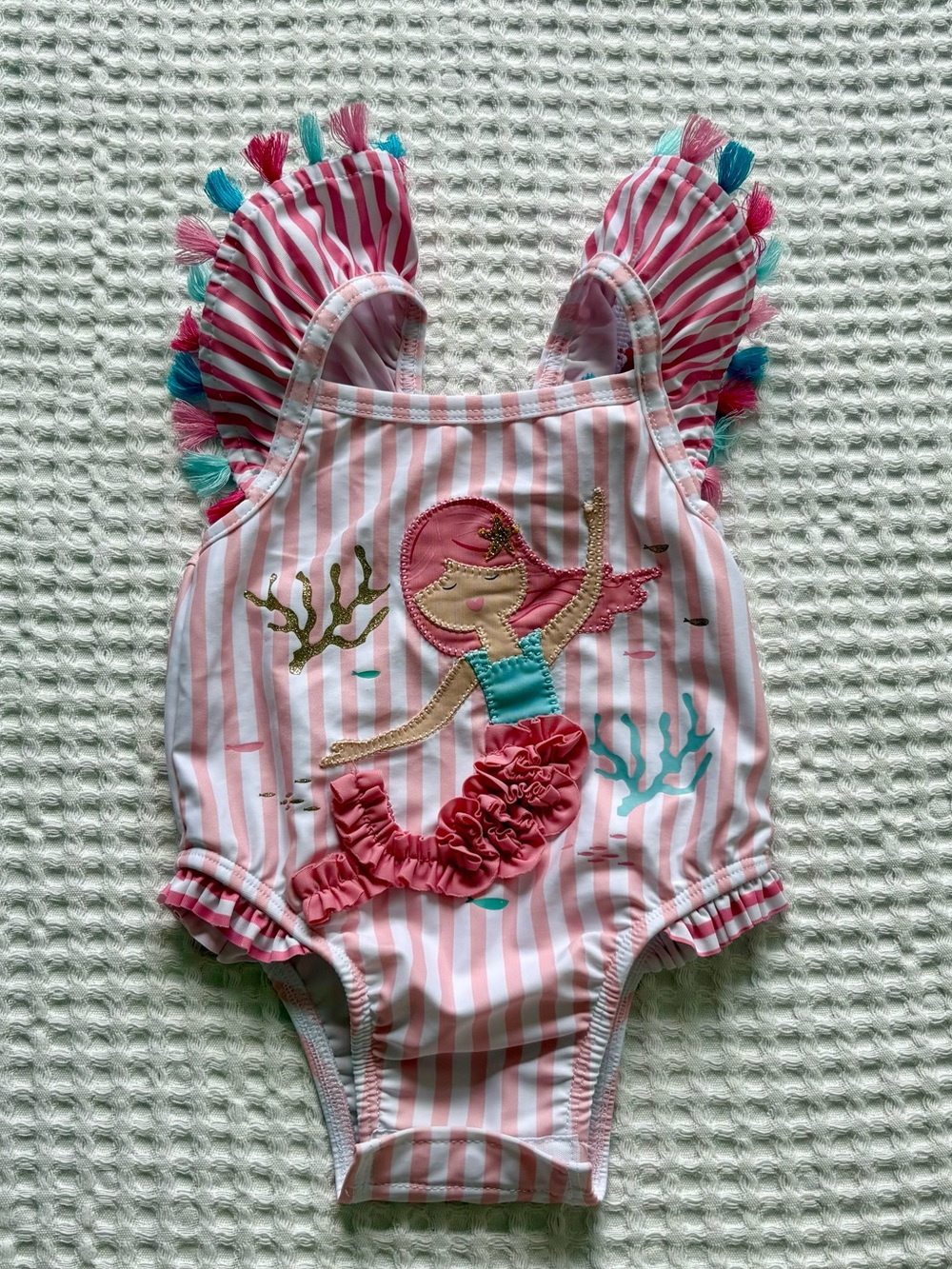 Mud Pie Mermaid Tassel Ruffle One Piece Swimsuit Bathing Suit Pink Stripe 3-6M